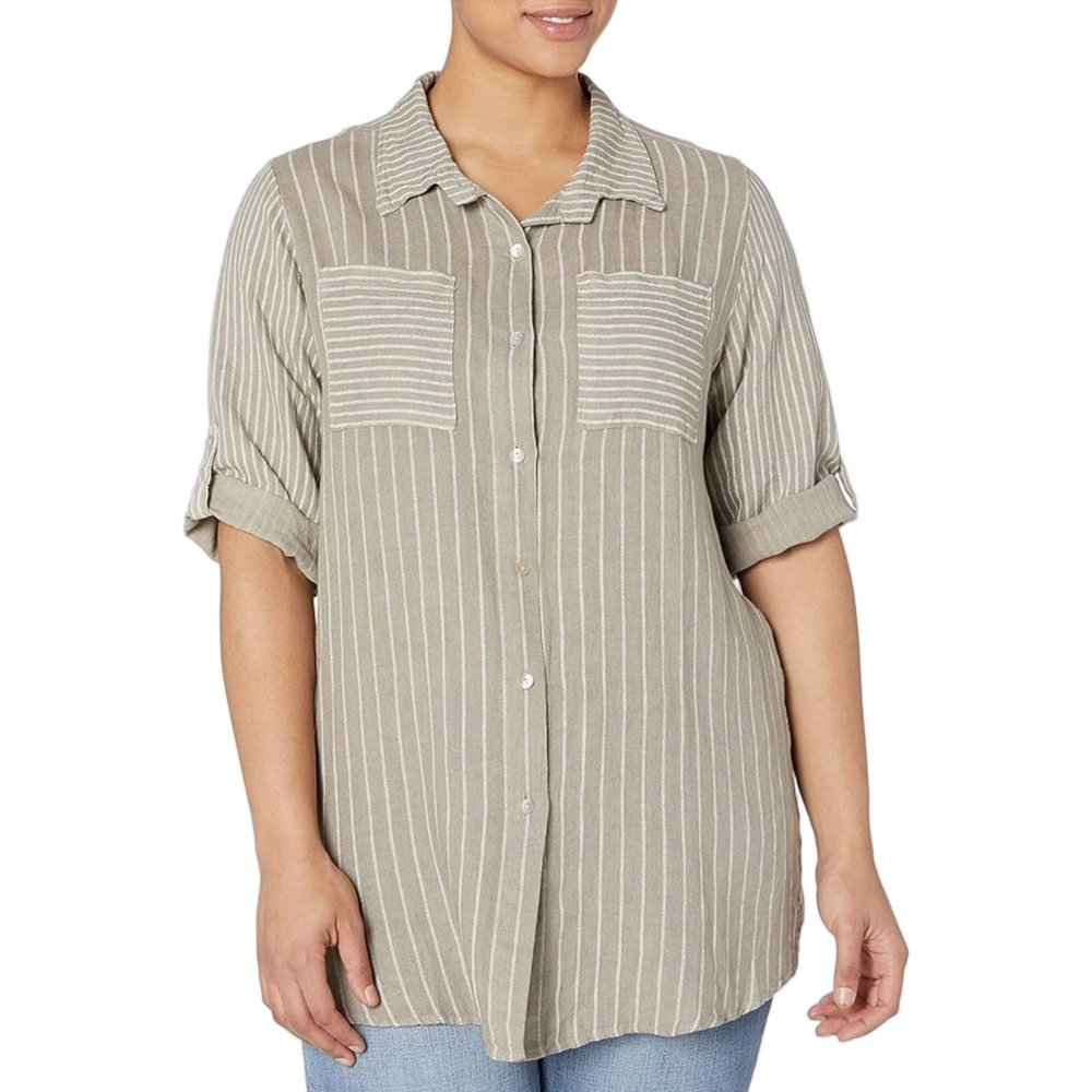 M Made in Italy 100% linen taupe button down tunic half sleeve blouse shirt M